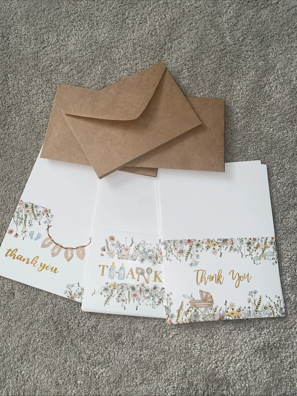 24 Baby Shower Thank You Cards With Envelopes Floral Brown Blue